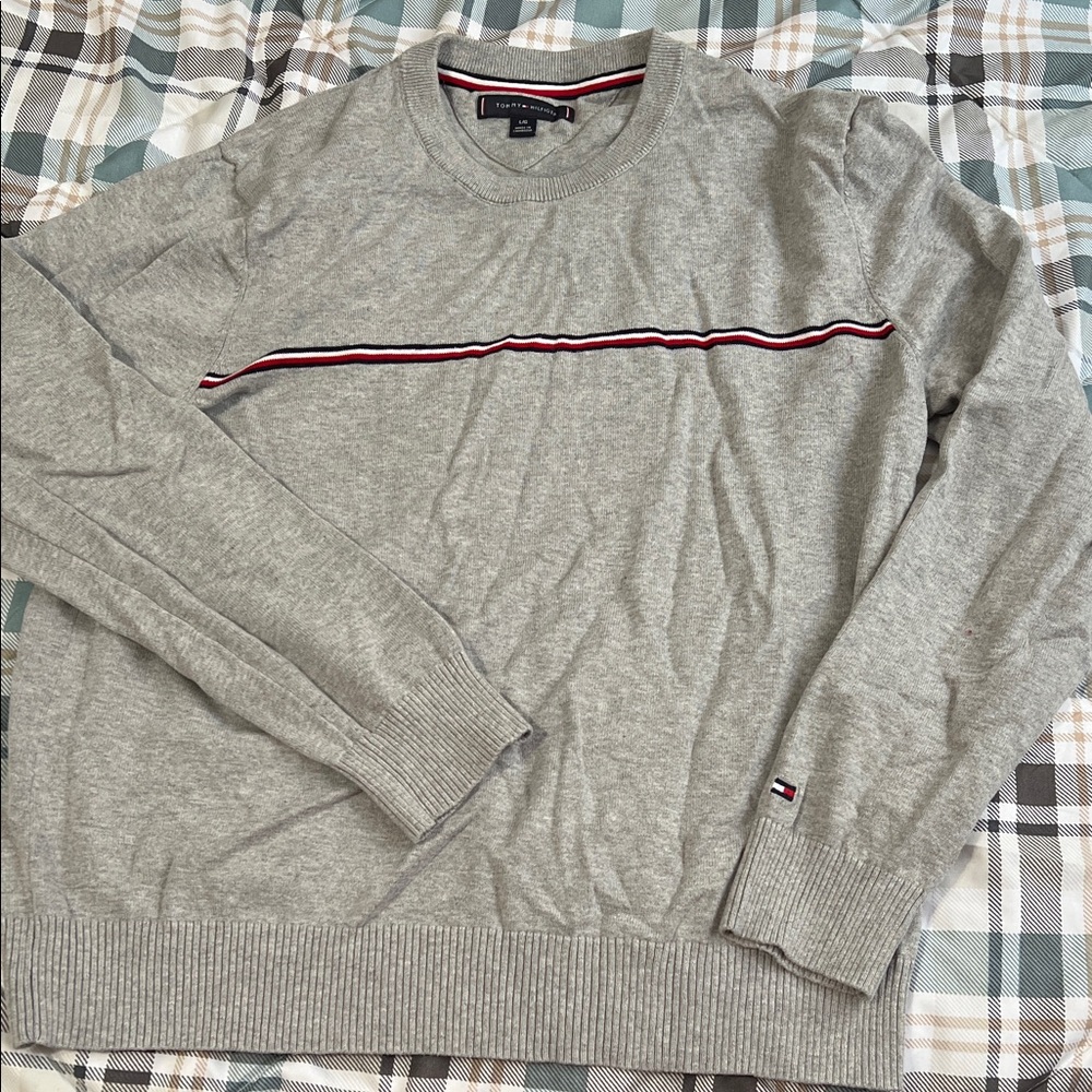 Tommy Hilfiger Gray Crewneck Sweater with Red and Black Accents